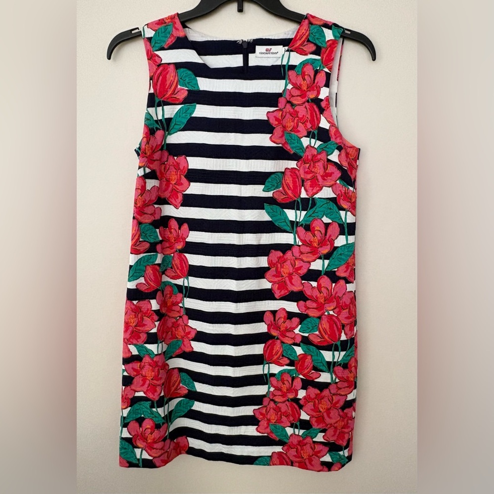 Vineyard Vines Red Black Midi Dress Sz 8 Floral Print Coastal Contour Preppy